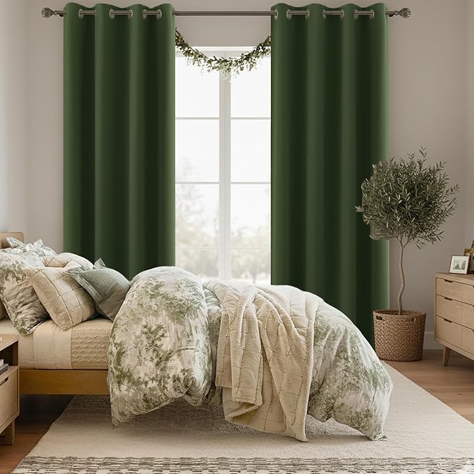 KOUFALL Olive Green Curtains 96 Inches Long 2 Panel Set,Blackout Dark Antique Bronze Gold Grommet Room Darkening Black Out Vintage Curtains for Living Room