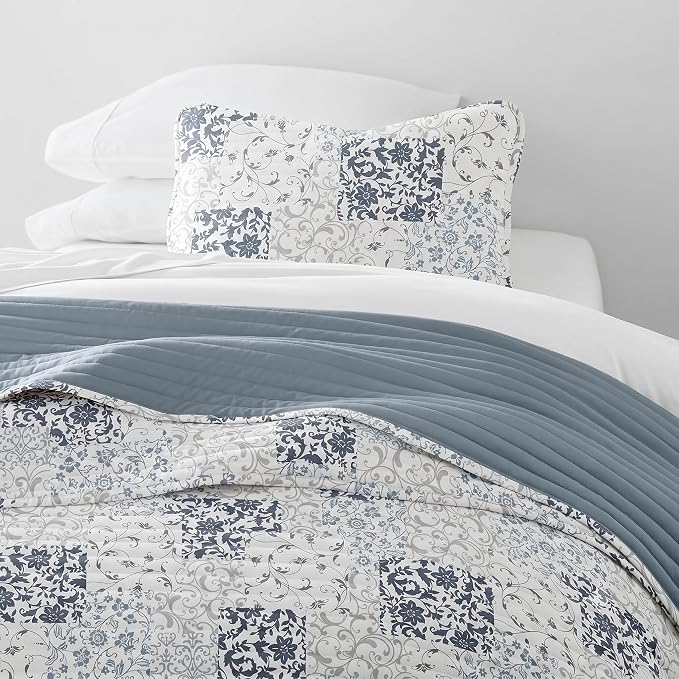 Merit Linens Soft Quilt Coverlet Bedding Set - Pattern/Solid Reversible - Twin/TwinXL Dusk Blue
