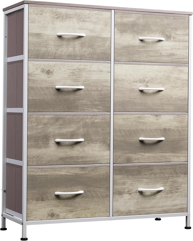 WLIVE Fabric Dresser for Bedroom, Tall Dresser with 8 Drawers, Storage Tower with Fabric Bins, Double Dressers, Chest of Drawers for Closet, Living Room, Hallway, Greige | Greige 8-drawer tall storage tower with fabric bins and wood tabletop, breathabl...