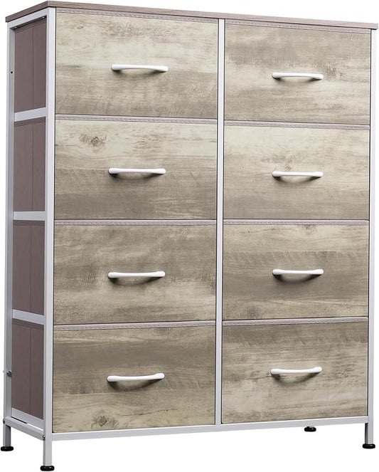 WLIVE Fabric Dresser for Bedroom, Tall Dresser with 8 Drawers, Storage Tower with Fabric Bins, Double Dressers, Chest of Drawers for Closet, Living Room, Hallway, Greige | Greige 8-drawer tall storage tower with fabric bins and wood tabletop, breathabl...
