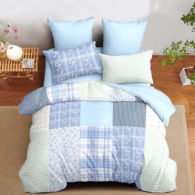 Nayoroom Plaid Duvet Cover Queen Size Reversible Blue Patchwork Checkered Duvet Cover Dorm Bedding Set 3 Pieces Soft Lightweight Washed Microfiber Farmhouse Bedding Set Gifts for Women Men