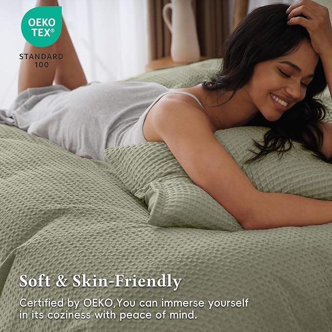 David's Home Textured Waffle Weave Duvet Cover Set, King Size, Dusty Sage | Breathable Cozy for All Season, 300GSM, 3PCS Home Bedding Decor, OEKO-TEX Certified, Hidden Zipper, 8 Corner Ties, 104" X 90"