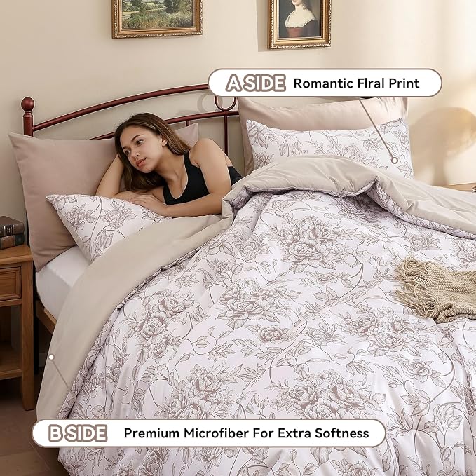 JANZAA Queen Size Comforter Set - Oatmeal Floral Shabby Chic Bedding | 3 Piece Cute Floral Bedding for All Season, 1 Soft Fluffy Breathable Microfiber Comforter Set with 2 Pillowcases