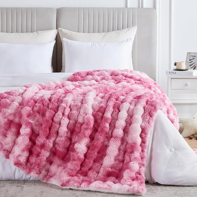 60x80 Inches Ultra-Soft Fuzzy Faux Fur Plush Twin Size Blanket - Thick, Warm Sherpa for Couch, Sofa, Bedroom, Camping - Decorative Blanket for Cozy Warmth, Bubble Pink Tie Dye
