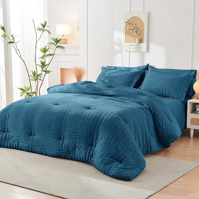 HYMOKEGE Teal King Size Comforter Set Seersucker 7 Pieces, All Season Luxury Bed in a Bag for Bedroom, Bedding Set with Comforters, Sheets, Pillowcases & Shams