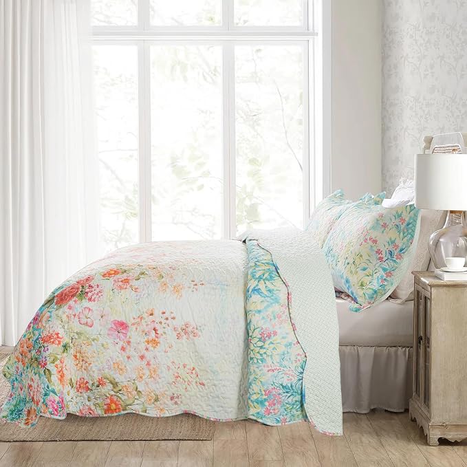 Quilt Bedspread Sets- Dreamy Flowers Reversible Coverlet Set,Queen Size