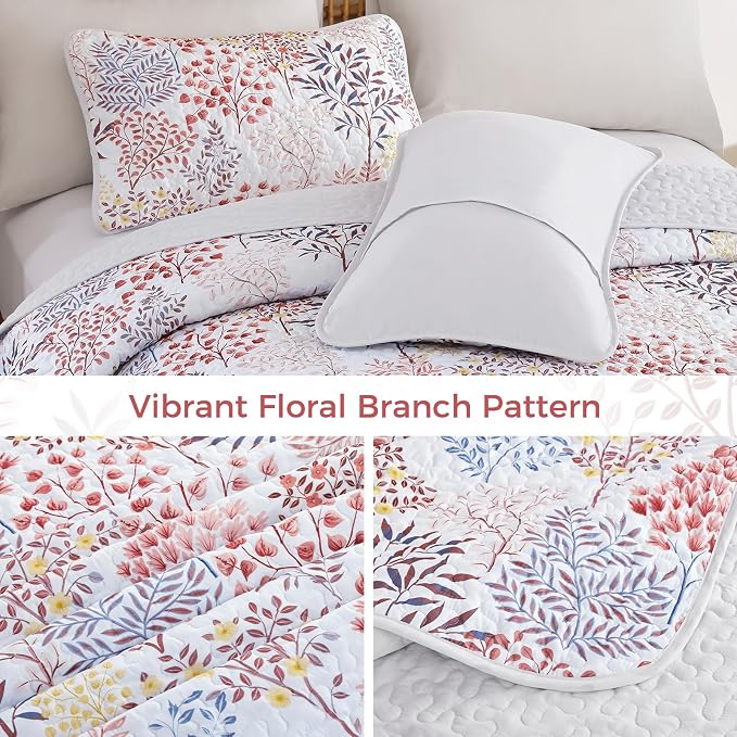 WONGS BEDDINGKing Quilt Set, 3 Pcs Red Blue Floral Bedspread Coverlet | Botanical Print Quilt Set for Spring Summer, Lightweight Microfiber Farmhouse Quilted Bed Cover for Guest Room 110"×90"