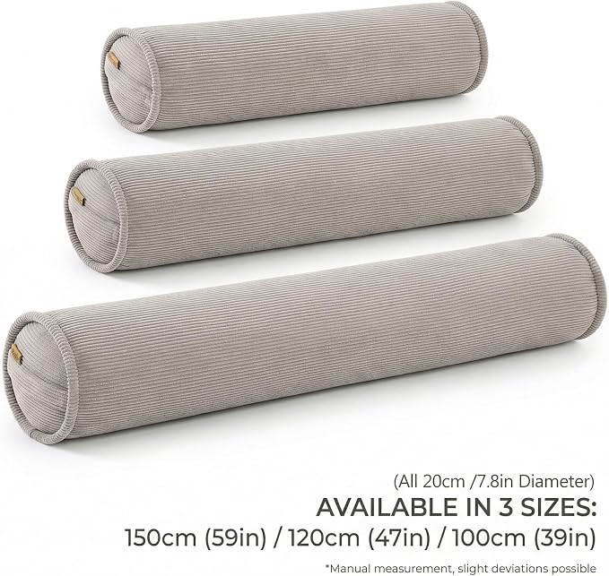 Long Round Body Pillow for Adults – Corduroy Cervical Roll Bolster Pillow, Firm Support for Spine Alignment & Side Sleeping,59 x 7.87 Inches,Beige Gray