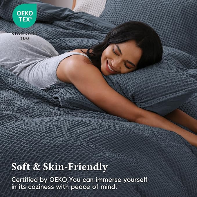 David's Home Textured Waffle Weave Duvet Cover Set, Queen Size, Indigo | Breathable Cozy for All Season, 300GSM, 3PCS Home Bedding Decor, OEKO-TEX Certified, Hidden Zipper, 8 Corner Ties, 90" X 90"