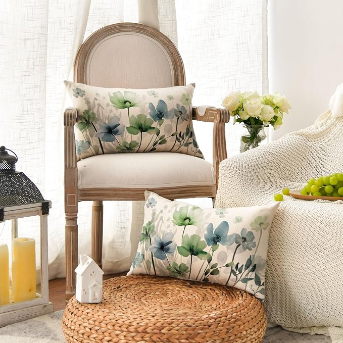 AVOIN colorlife Chinoiserie Poppy Flowers Pillow Covers 12x20 Inch Set of 2 | Blue Sage Green Seasonal Leaves Cushion Case Decoration for Sofa Couch