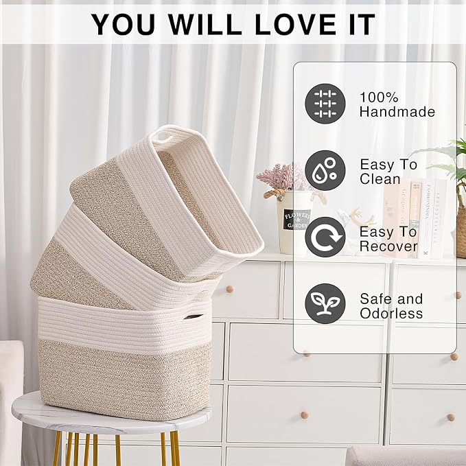 ICERZCZ Storage Baskets for Organizing, Woven Cotton Rope Basket for Storage Books, Baby Organizing Baskets, Toy Storage Basket, 15"x11"x9.5", 3 Packs, Off White & Brown
