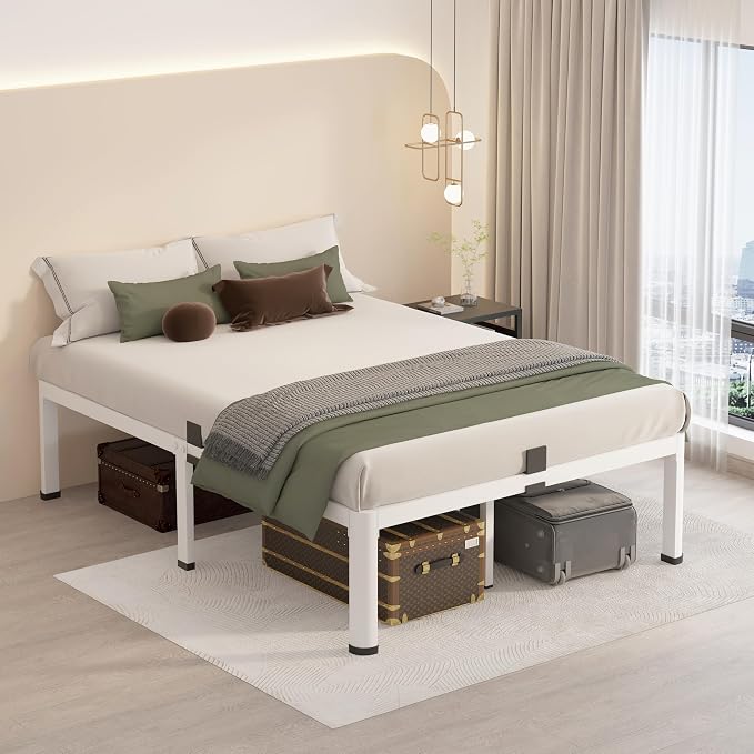 MAF 12 Inch Full Size Metal Platform Bed Frame White with Round Corner Legs | Mattress Baffle, 3000 LBS Heavy Duty Steel Slat Support, Noise Free, No Box Spring Needed, Easy Assembly, 10.4" Storage Space