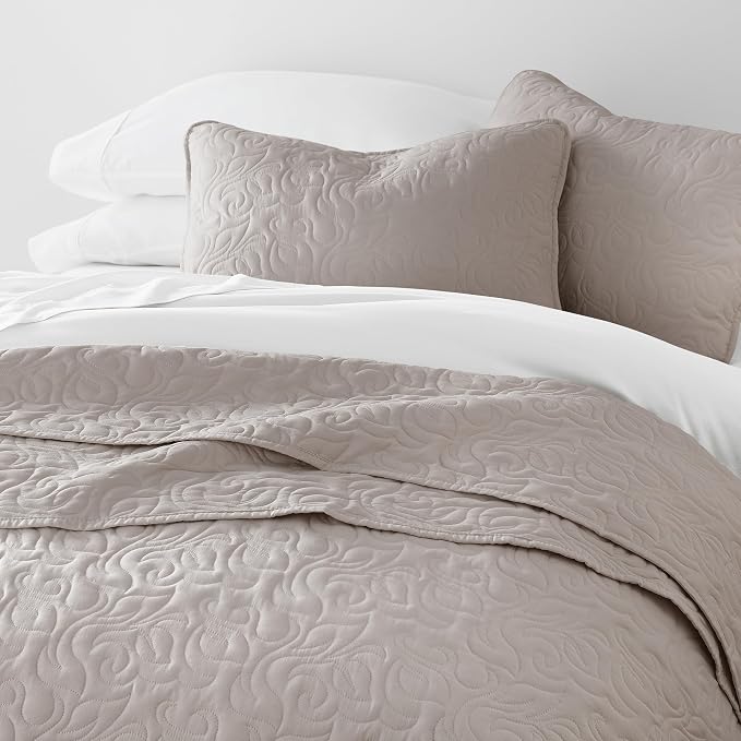 Merit Linens Modern Quilt Coverlet Soft Set in Floral Stitching - Full/Queen Latte