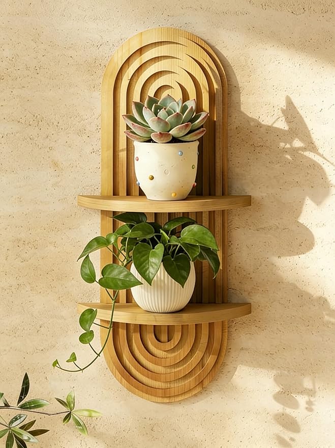 Bamworld Boho Wall Decor Plant Wall Shelf Wood Plant Holder Natural | Mid Century Modern Decor Hanging Plant Shelf Wooden Floating Shelves for Home Bedroom Living Room Holding Planter Decoration
