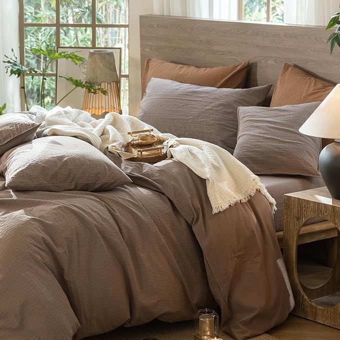 MooMee Wavy Striped Duvet Cover Set 100% Washed Cotton Linen Like Textured Breathable Durable Soft Comfy (Brown, King 104"x90")