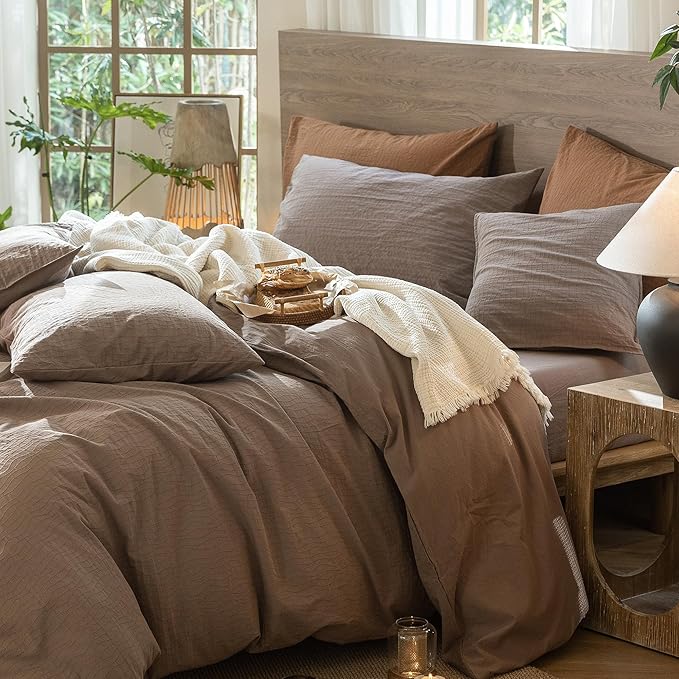 MooMee Wavy Striped Duvet Cover Set 100% Washed Cotton Linen Like Textured Breathable Durable Soft Comfy (Brown, Queen 90"x90")