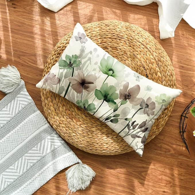 AVOIN colorlife Poppy Flowers Fall Spring Throw Pillow Cover 12x20 Inch | Chinoiserie Sage Green Brown Seasonal Leaves Cushion Case Decoration for Sofa Couch Farmhouse