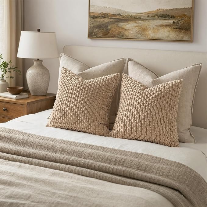 MIULEE Decorative Throw Pillow Covers 16x16 Neutral Tan Textured Corduroy | Pack of 2 Striped Pillow Covers Modern Farmhouse Fall Home Decor for Couch Bed Sofa Living Room