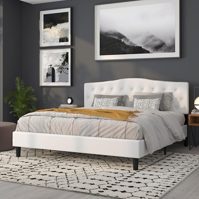 Flash Furniture Cambridge Button Tufted and Diamond Stitched Upholstered King Size Headboard in White Fabric