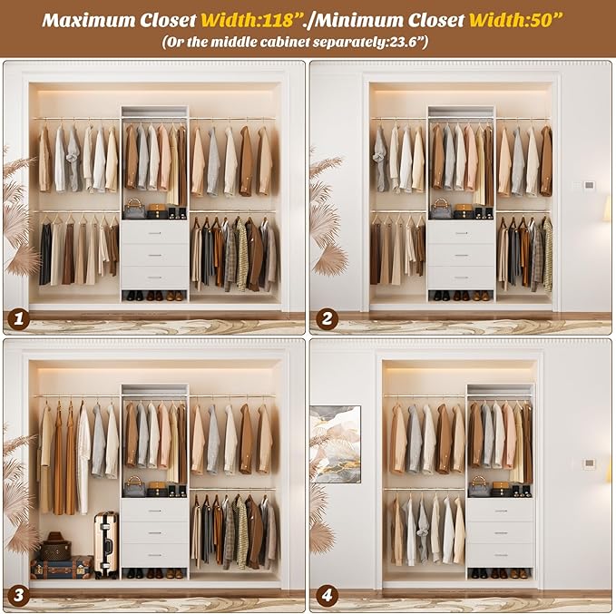 Aheaplus Closet System, 4.2-9Ft Closet Organizer with with 4 Rods, White | for Walk in Closet, Wardrobe Clothes Rack with Wooden Drawers, Garment Rack