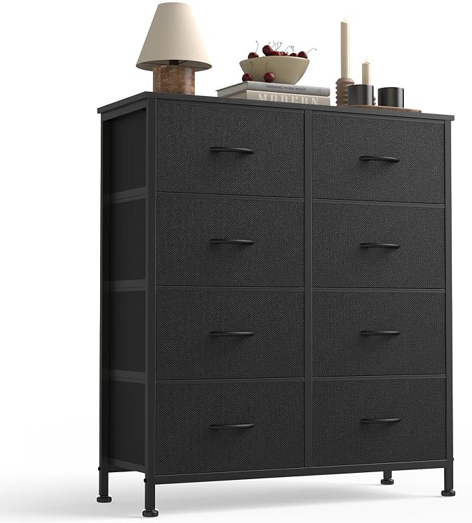 Sweetcrispy 8 Drawer Dresser with Fabric Bins for Bedroom Storage, Black | Closet Organizer, Tall Chest of Drawers with Steel Frame and Wood Top, Easy Pull Handles, Hallway Entryway