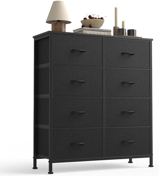 Sweetcrispy 8 Drawer Dresser with Fabric Bins for Bedroom Storage, Black | Closet Organizer, Tall Chest of Drawers with Steel Frame and Wood Top, Easy Pull Handles, Hallway Entryway