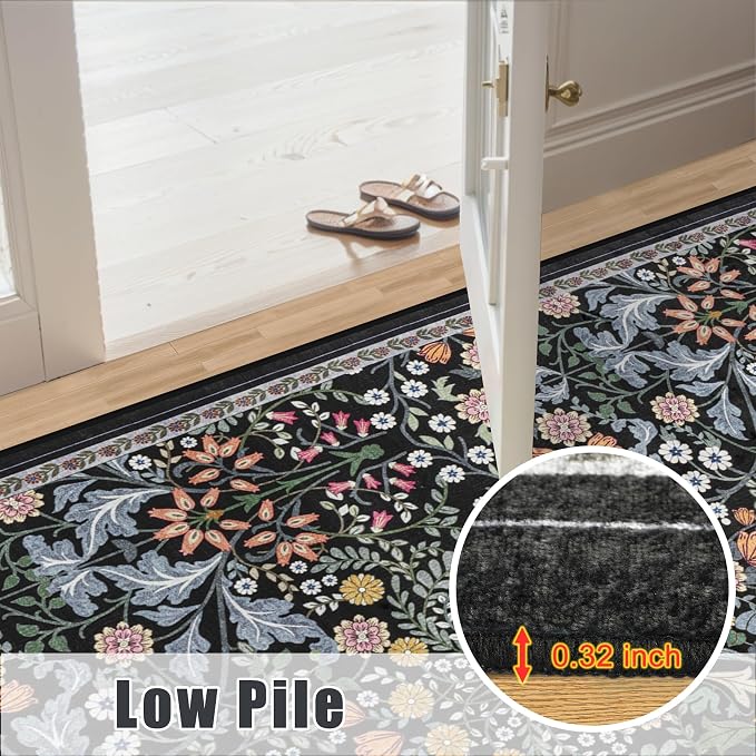 PLHXFR 8x10 Area Rug Living Room: Floral Washable Boho Carpet Dark Black | For Bedroom Dining Room Farmhouse Nursery Hallway,Vintage Floral,Machine washable,Non Slip,Stain Resistant,Large Indoor