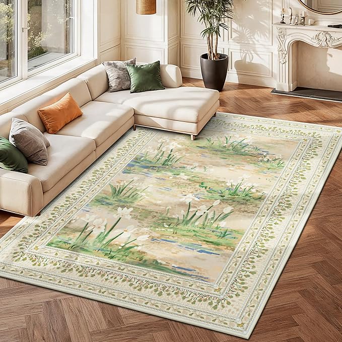 Washable Area Rugs 9 x 12 for Living Room,Large Carpet Beige Sage | Durable Stain Resistant,Kid Pet Friendly,Compatible with All Vacuums,0.25inch Low Pile for Bedroom Dining Room Home Office