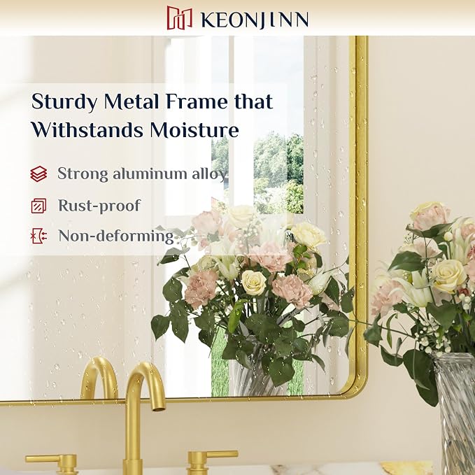 Keonjinn 48 x 36 Inch Brushed Gold Bathroom Vanity Mirror, Tempered Glass | Brass Bathroom Mirrors for over Sink, Anti-Rust Aluminum Frame, Rounded Rectangle, French Cleat Mount, Clear Reflection
