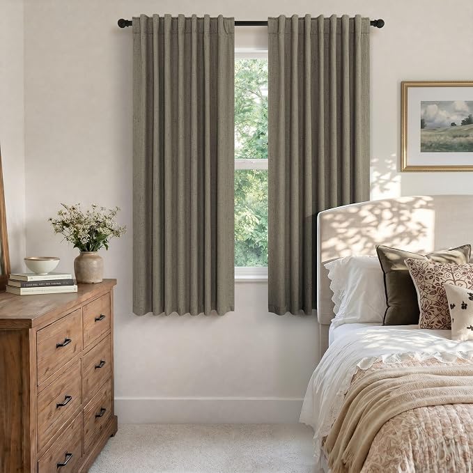 Living Room Darkening Curtains 63 Inches Long Small Bay Window Blackout Soundproof Dining Room Curtains Rustic Farmhouse Linen Dark Taupe Curtain 63 Inch Length 2 Panels Back Tab Pocket Pleated Drapes