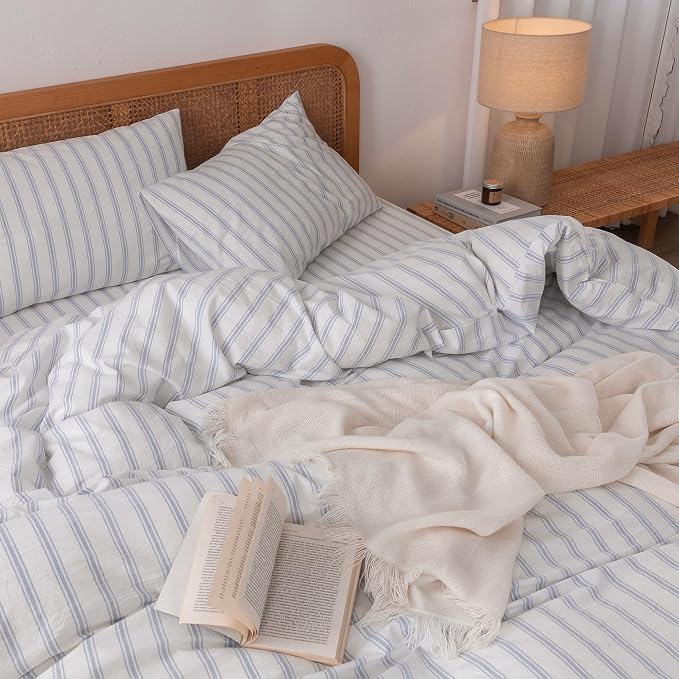 BESTOUCH Striped Cotton Duvet Cover Set Linen Feel Super King | 100% Washed Cotton, Soft Wrinkle Texture, Hidden Zipper, 8 Ties, Breathable Lightweight Durable Comfy, 3 Pcs No Insert