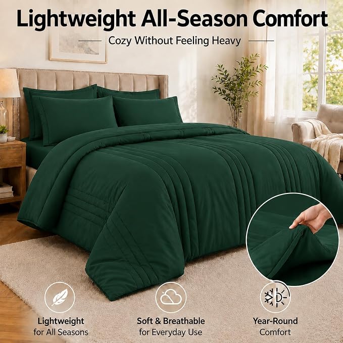 Full Comforter Set Emerald Green - Bed in a Bag Full Size 7 Pieces, Soft Bedding Set for All Seasons, Premium Comforter Set with Comforter, Sheets, Pillowcases & Shams
