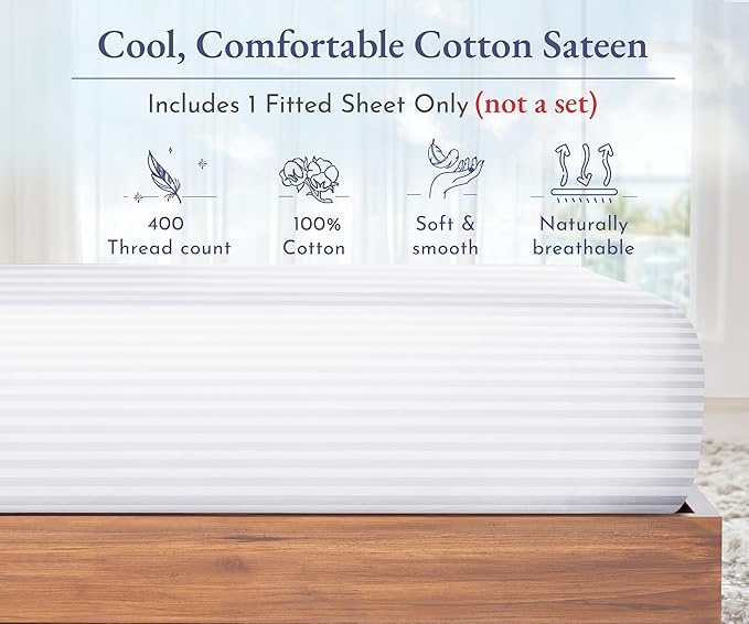 California Design Den Soft 100% Cotton Sateen Extra Long Twin Fitted Sheet | 400 Thread Count Backed by Good Housekeeping Seal, All-Around Elastic, No-Pop Fit, Durable, OEKO-TEX - Striped White