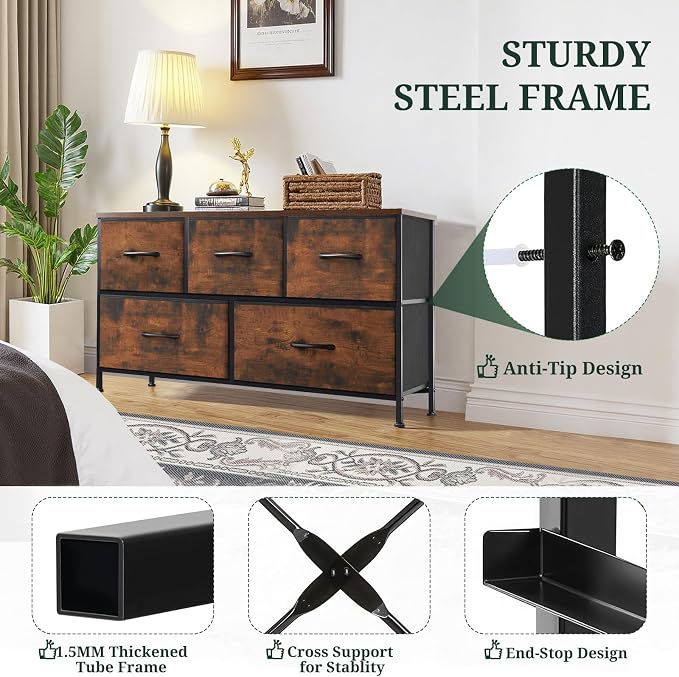 5-Drawer Dresser for Bedroom, Anti-Tip Wide Storage Organizer Fabric | Chest of Drawers TV Stand for 45" TV with Wooden Top and Metal Frame for Closet, Living Room, Hallway, Entryway, Brown