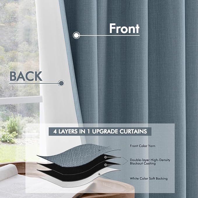 MIULEE 100% Blackout Back Tab Pleat Linen Curtains 50" Wx96 L,Stone Blue | 2 Panels,Thick Faux Linen,Floor to Ceiling,with Hooks,for Bedroom Living Room,Black Out,Room Darkening