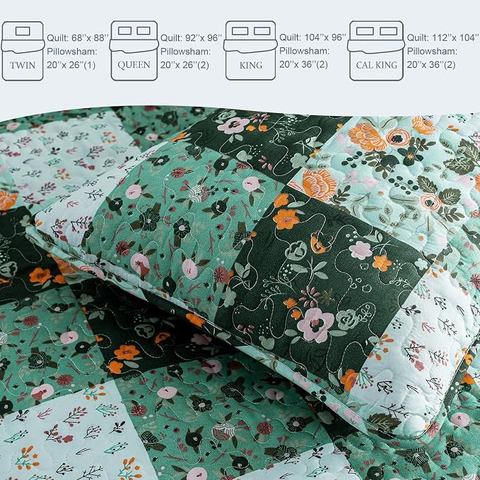 Exclusivo Mezcla Reversible Boho Quilts Queen Size Green | Lightweight Soft Bedspreads, All Season Patchwork Coverlet Bedding Set, Printed Floral Pattern, 1 Quilt and 2 Pillow Shams