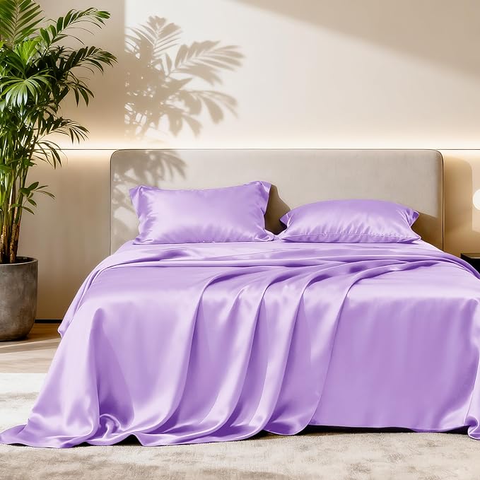 Love's cabin Twin Satin Sheets Sets - 3 Piece Lavender Silky Bed Sheets with Deep Pockets, Luxury Silk Feel Satin Twin Size Sheet Set Bedding Set (1 Flat Sheet,1 Fitted Sheet,1 Pillow case)