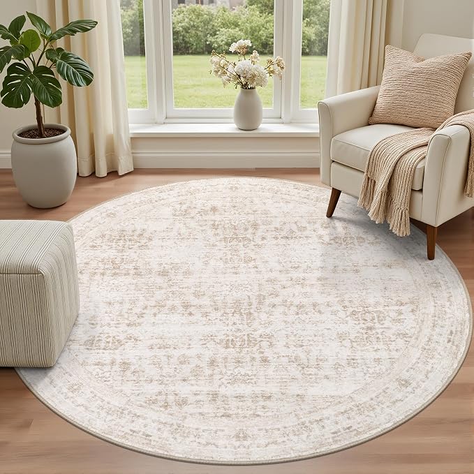 Round Area Rug for Living Room: 4ft Boho Washable Rug Beige Brown | Vintage Boho Soft Round Rug Indoor Floor No Slip Carpet Stain Resistant Rugs for Bedroom Dining Room Nursery Home Office