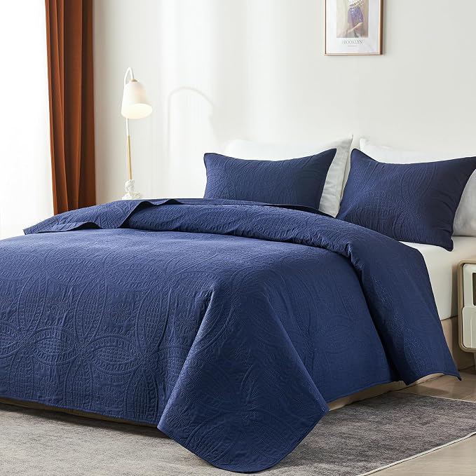akkialla Queen Quilt Bedding Set,Navy Blue Ultrasonic Full/Queen Quilt Set,Lightweight Soft Bedspread Coverlet,Modern Style Coin Pattern Bed Cover for All Seasons,3 Piece(1 Quilt,2 Pillow Shams)