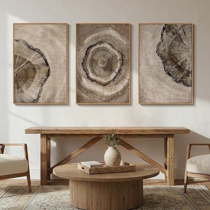 Large Framed Vintage Neutral Tree Ring Wall Art for Living Room, 24x36 In | Modern, Minimalist, Rustic, Nature, Wood grain pictures, Bedroom decor, Hallway art, Office, Ready to hang, Wood frame