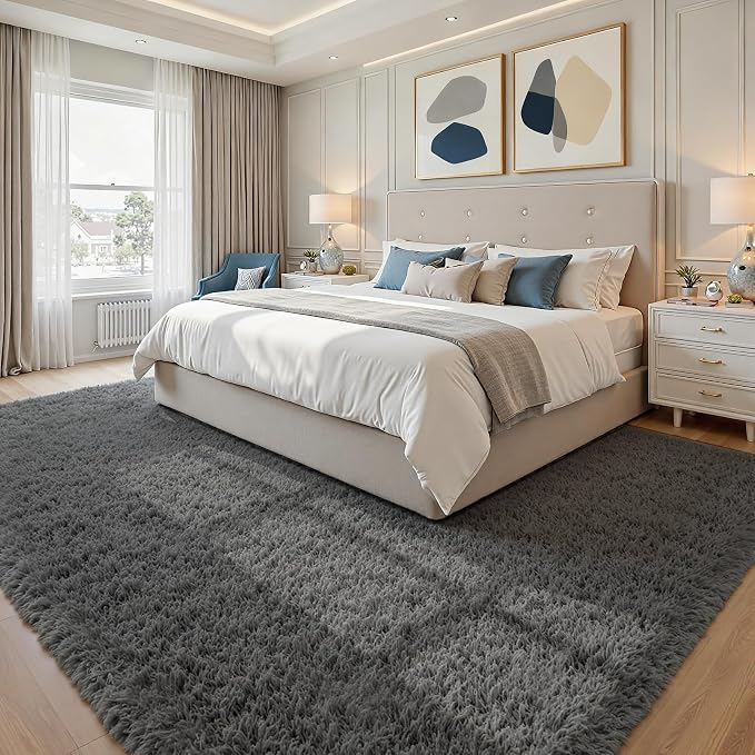 9x12 Fluffy Shag Area Rugs for Living Room Bedroom: Soft Plush Carpet Grey | Upgraded Non-Slip Thick Memory Foam, Ultra Soft, Non-Shedding Fuzzy Carpet, Easy Clean Decor for Kids Room, Nursery, Playroom
