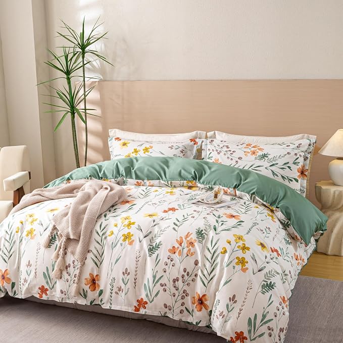 OAITE Twin Duvet Cover Set 3pcs 100% Cotton with Green Pastoral | Cottagecore,Soft, Breathable,Long-lasting,Comfort,Hidden Zipper,8 Corner Ties,Easy Care for All Season