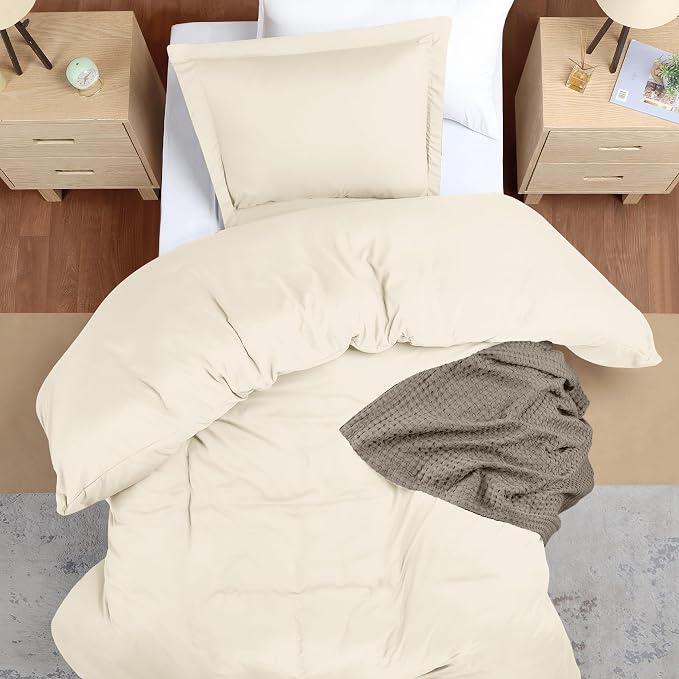 Duvet Cover Twin/Twin XL, 3 PC Cotton Like Polyester, Zipper Closure, Ivory | Extra Soft and Breathable, Wrinkle & Fade Resistant, Includes Duvet Cover and 1 Pillow Sham, Comforter Not Included, OekoTex