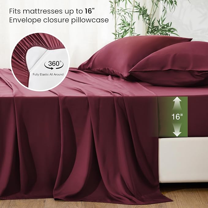 Love's cabin 3 Piece Twin Sheet Set, 100% Rayon Derived from Bamboo, Cooling & Breathable, Soft Silky Deep Pocket up to 16", Hotel Luxury Bedding for Hot Sleepers, Burgundy