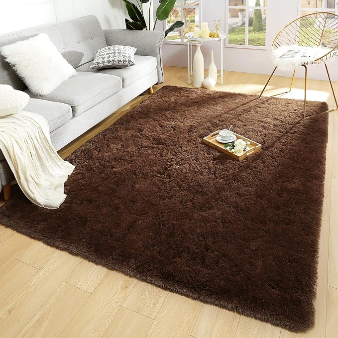 Soft Modern Indoor Large Shaggy Rug for Bedroom Livingroom Dorm Kids Room Home Decorative, Non-Slip Plush Fluffy Furry Fur Area Rugs Comfy Nursery Accent Floor Carpet 6x9 Feet, Brown