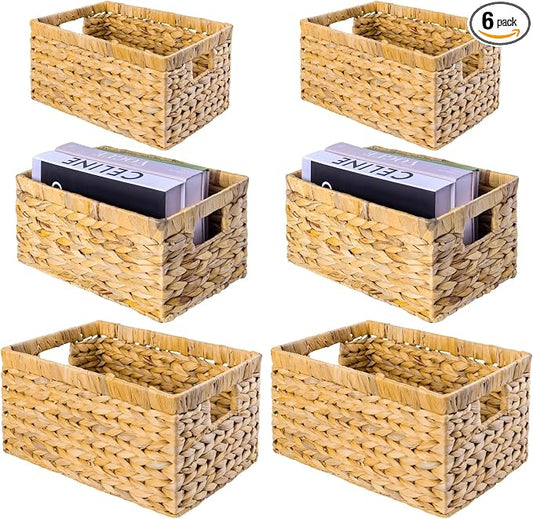 M4DECOR Set of 6 Rectangular Wicker Storage Baskets for Shelves | Water Hyacinth Storage Baskets, Pantry Baskets for Organizing, Handwoven Wicker Baskets for Storage