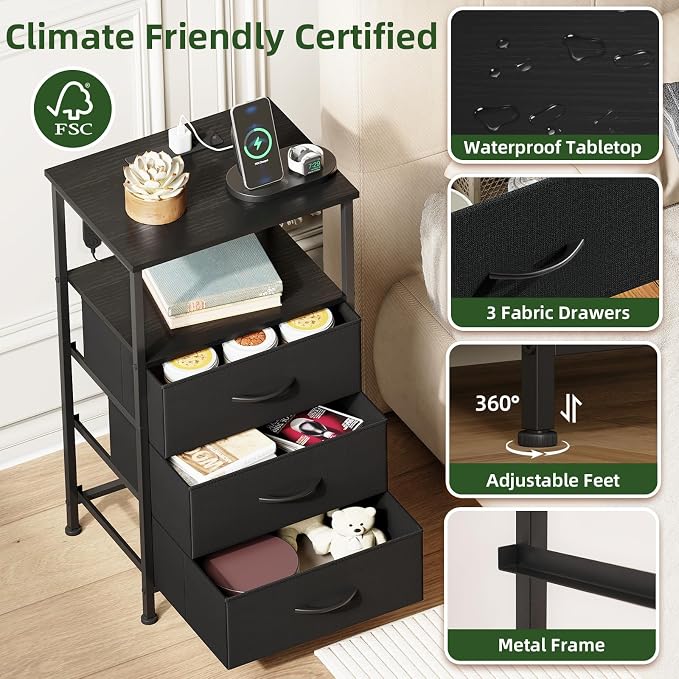 Somdot Nightstands Set of 2 with 3 Drawers, Charging Station & LED Light | Open-Shelf End Tables for Bedside, Small Spaces, Bedroom, Entryway and Hallway, Black