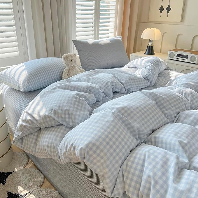 LifeTB Blue Gingham Comforter Set Twin XL 3 Pieces Blue Plaid Checkered Comforter Set Lightweight Grid Bedding Comforter with 2 Pillowcases Soft Farmhouse Gingham Bedding Set for All Seasons