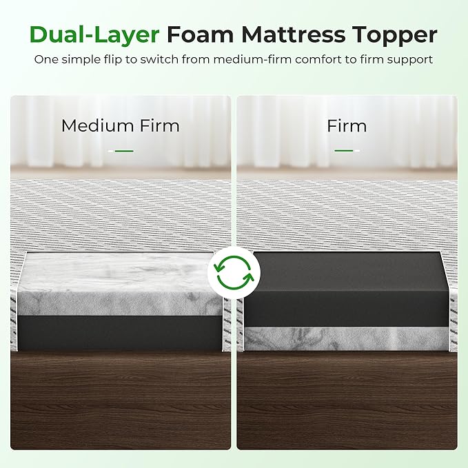 HOMRELEXA Bamboo Mattress Topper King Size 3 Inch, Cooling Gel & Bamboo Charcoal Memory Foam Mattress Topper for Back Pain Relief, Firm Dual-Layer Foam Bed Pad with Removable Cover