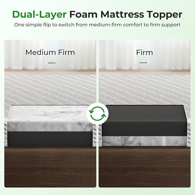 HOMRELEXA Bamboo Mattress Topper Full Size 3 Inch, Cooling Gel & Bamboo Charcoal Memory Foam Mattress Topper for Back Pain Relief, Firm Dual-Layer Foam Bed Pad with Removable Cover